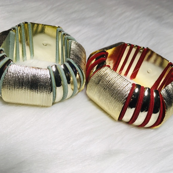 2 Chunky Bangle Vintage Suede 1980’s Bracelets Set - Picture 2 of 8